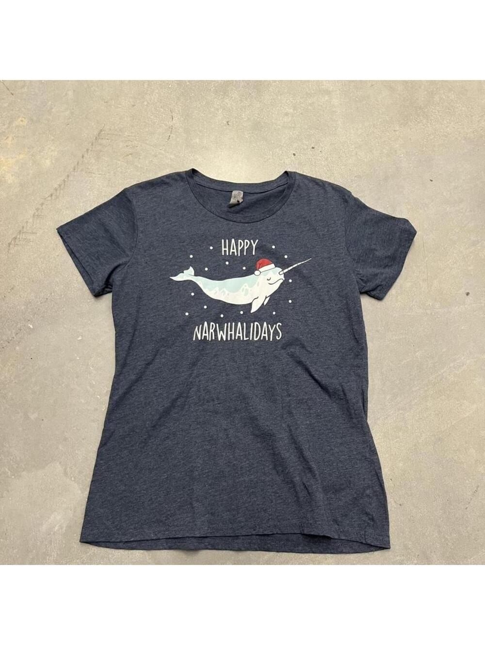 Happy Narwhalidays Christmas Narwhal Graphic T Shirt Womens Large Blue Tee